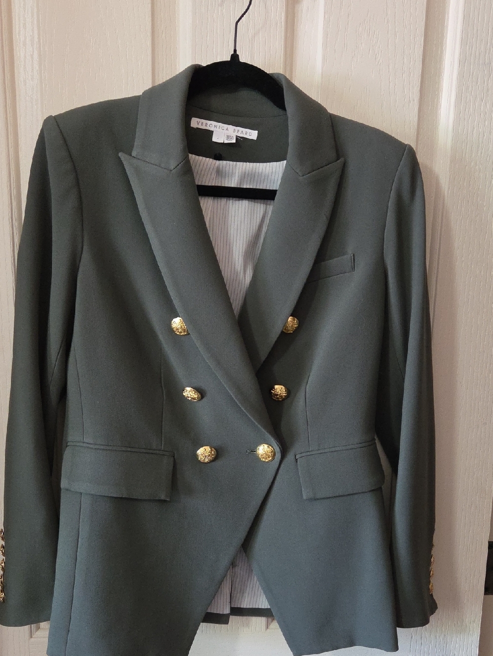 Veronica Beard Dark Olive Double-Breasted Dickey Blazer with Gold Buttons